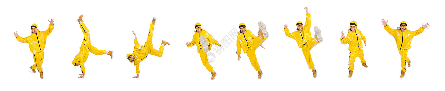 现代舞者穿着黄色礼服飞行收藏运动危险衣服姿势青少年男人舞蹈家身体图片