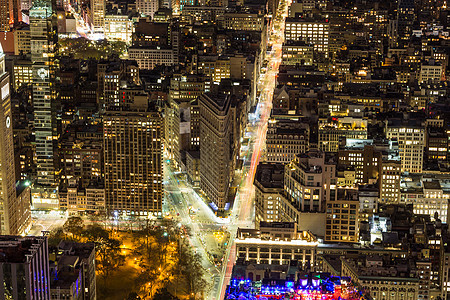 曼哈顿市风景 夜里有Flatiron大楼 纽约图片