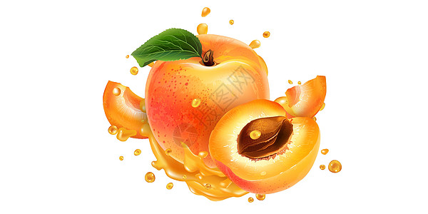 新鲜的杏子和一滴果汁液体菜单健康饮料插图飞溅食谱维生素饮食食物图片