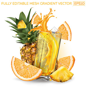 菠萝 橙色和一杯果汁喷洒热带广告凤梨美食甜点插图厨房飞溅营养咖啡店图片