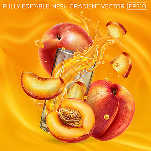 新鲜的桃子和一杯果汁背景上的飞溅果汁图片