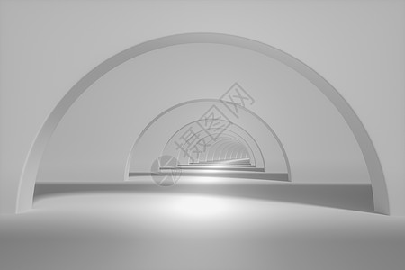 明亮的白色隧道背景 3D翻译曲线圆圈大厅渲染卷曲框架建筑学走廊地面圆形图片