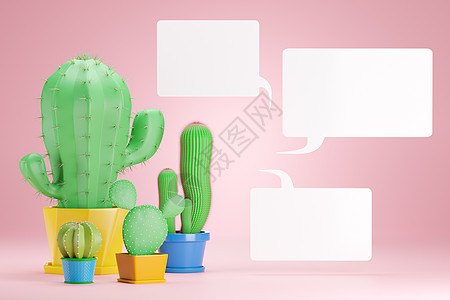 四个仙人掌植物和粉红色背景的白色空白文字框背景图片