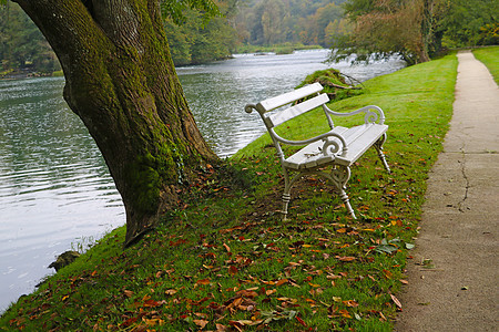 沿河边的堤岸有一棵树和白凳子图片