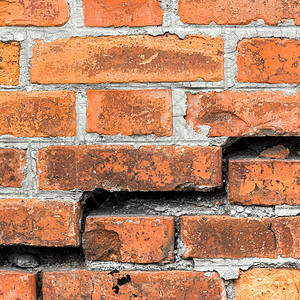 损坏的墙壁背景红色休息裂缝砖块水泥损害瓦砾建筑学房子砖墙图片