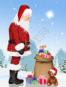 圣诞老人和圣诞礼物礼物窗户明信片盒子丝带展示插图快乐孩子们庆典图片