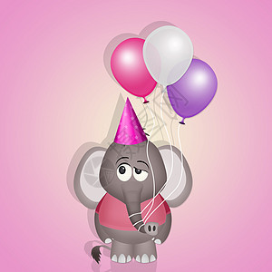 生日贺卡大象宝宝 生日晚会的明信片上挂着气球粉色动物乐趣插图问候语派对女性女孩邀请函愿望背景