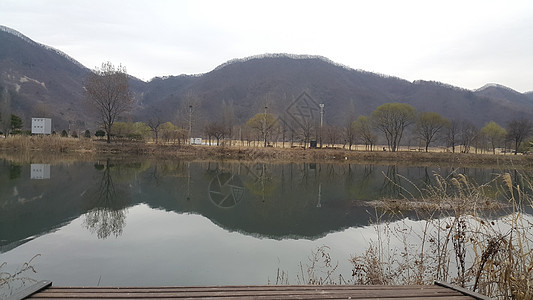 可以看到大山上河流水和绿树的美丽景象蓝色太阳天空树木丘陵地平线植物爬坡牧场环境图片