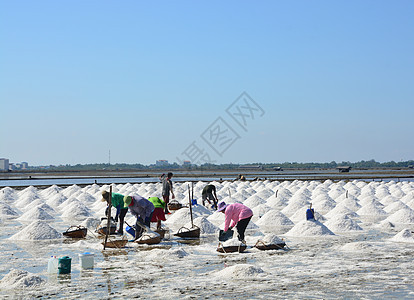 泰国省现场制成的海盐 泰国咸盐锅中铲盐工人泰热带生产结晶农场农民工作场地蓝色城市地面图片