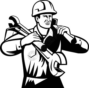 杂工或建筑商穿戴硬帽 背着板球和黑白黑白Spad Retro图片