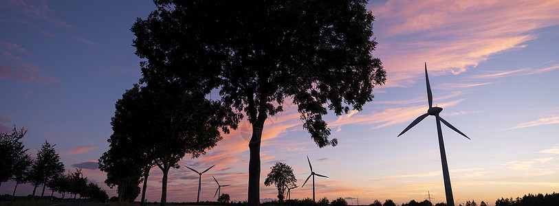 风力涡轮机和树木在多彩的日落下形成圆光影螺旋桨生态风车涡轮紫色场地太阳创新发电机技术图片