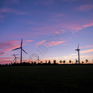 风力涡轮机和树木在多彩的日落下形成圆光影技术场地力量日出紫色生态风景创新涡轮风车图片