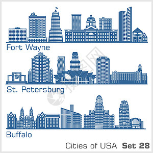 美国城市-韦恩堡 圣彼得堡 布法罗 详细建筑 趋势矢量说明图片