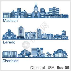 美国城市-麦迪逊 拉雷多 钱德勒 详细建筑 趋势矢量说明图片