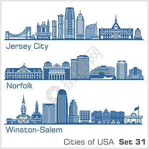 美国城市 - 泽西城 诺福克 温斯顿塞勒姆 详细的架构 时尚矢量图图片