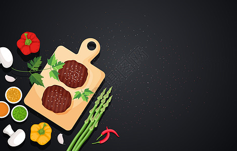 烹饪黑桌餐桌上的肉类蔬菜 厨房食堂后滴插图图片