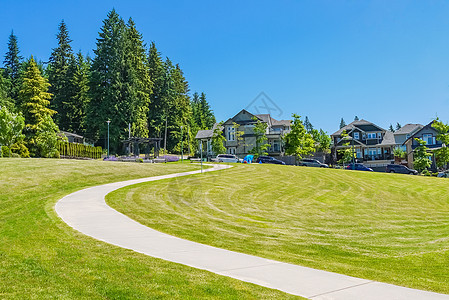 在新镇舍前的斜坡上的绿草坪上铺路休息区树木房子邻里绿色大路运动建筑汽车公园图片