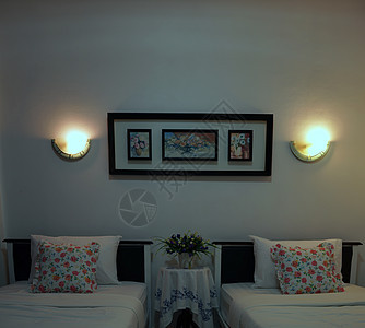 房间里的卧室有两张床和一个双灯图片