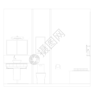 黑线的浴室内部轮廓 白色背景 前视图 矢量插图;以及图片