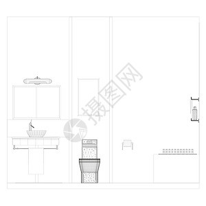 电线框架浴室内部 从黑线到白色背景 前视图 3D 矢量插图图片