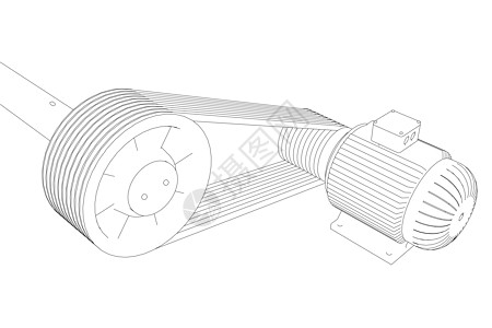 带皮带的发动机架 白色背景上黑色线条的电动机轮廓 3D 矢量图螺丝车削转子电磁绘画工程力量技术蓝图草图图片