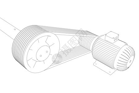 带皮带的发动机架 白色背景上黑色线条的电动机轮廓 3D 矢量图螺丝车削转子电磁绘画工程力量技术蓝图草图图片