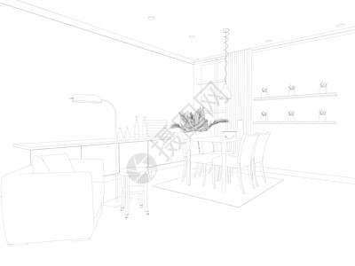 黑线的室内内部工程 透视 轮廓内 3D 矢量插图图片