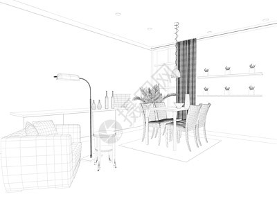 从黑线开始的室内工程 透视 电路框架内部 3D 矢量插图艺术公寓桌子厨房项目家具蓝图建造房子地面图片