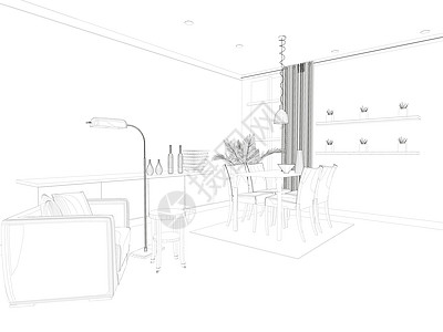从黑线开始的室内工程 透视 电路框架内部 3D 矢量插图公寓厨房艺术素描建造装饰桌子蓝图家具住宅图片