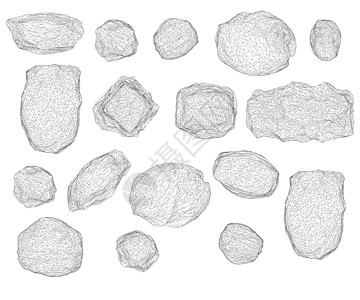 以不同形状的石块设置 在白色背景上隔离 石头的电线框架 3D 矢量插图图片