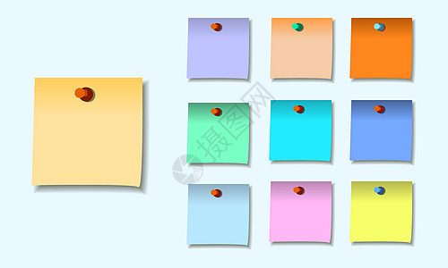 一组颜色的粘贴便条备忘录商业贴纸别针插图笔记纸木板公告标签空白办公室图片