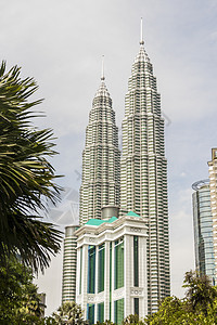 Petronas双胞胎塔在马来西亚吉隆坡的棕榈间图片
