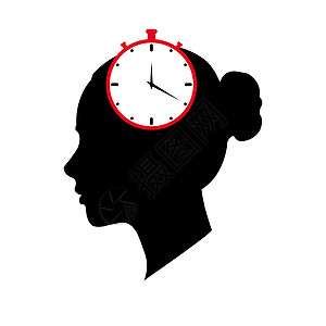 女人的轮廓和时钟表都算在时间上拨号女士草图手绘空白概念跑表插图图片
