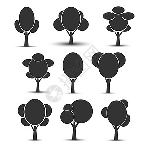 一组矢量选项树图标 用于显示 natu 的平坦设计草图库存黑色花园森林叶子植物群绿色针叶树干图片