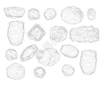 以不同形状的石块组装 黑线上的石块有线框 3D 矢量插图图片