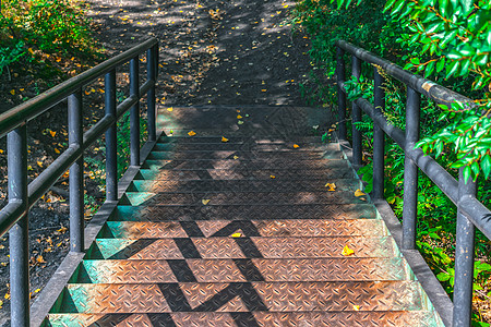 降一个老旧生锈的铁楼梯 到秋天公园 树上还有绿叶子图片