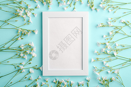 白空照片框 用鼠梨鸡毛花模拟耳朵蓝色卡片小样相框镜框长方形婚礼花朵繁缕图片