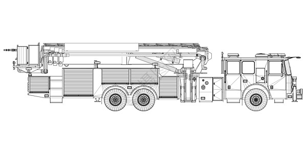 白色背景上隔离的黑线上的消防车铁丝网 侧视图 矢量插图图片