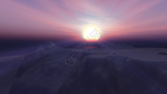 海洋 3d 渲染中的冰山日落全景插图蓝色冻结海景太阳旅行冰川射线液体图片