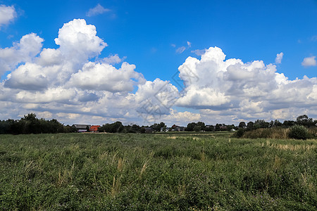 蓝色天空中美丽的乌云 在北欧洲的农庄园里草原国家天气全景草本植物太阳阳光地平线土地牧场图片