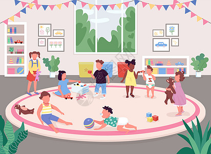 幼儿园房间平板彩色矢量插图横幅活动场景婴儿孩子们托儿所课堂童年图表玩具图片