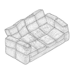 在白色背景上隔离的黑色线条上的 Sofa 铁丝框 3D 矢量插图接待办公室奢华皮革闲暇睡眠枕头装饰家具座位图片