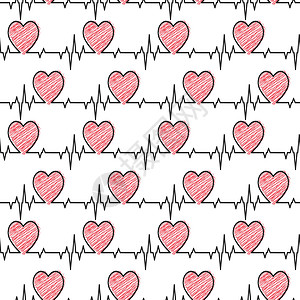 Doodle风格的无缝心脏模式和心脑图脉冲洞察力灵敏度器官情怀插图心脏病学控制板包装空白治疗图片