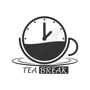 一杯热茶 配有时钟和刻字的茶间休息空白库存绿色变体草图间隔手绘插图黑色时间图片