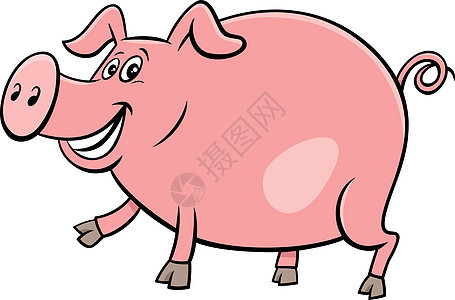 快乐的养猪场动物人物漫画插图图片