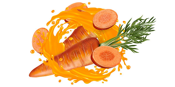 整片胡萝卜在蔬菜汁的喷洒插图咖啡店沙拉果汁飞溅广告健康厨房饮料饮食图片