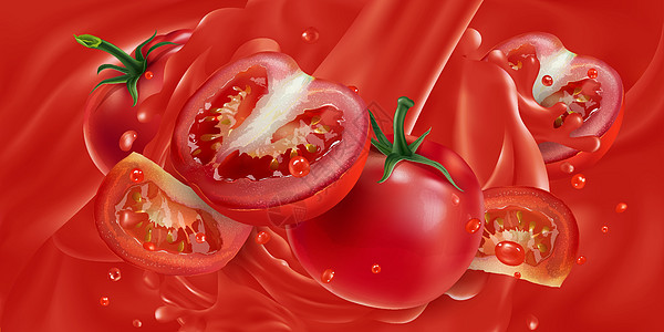 蔬菜汁中的整个和切片的西红柿图片