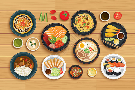 在顶视图木背景的日本食物木头鱼片拉面菜单盘子寿司餐厅美食文化桌子图片