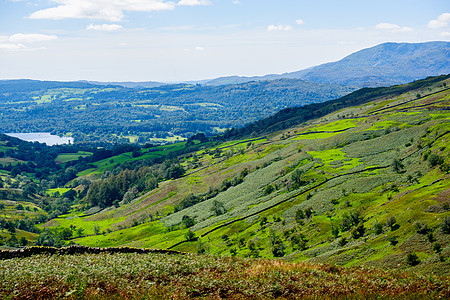 Kirkstone 十字路口从山谷后向温德米尔旅游风景湖区晴天假期天空湖泊旅行树木场景图片