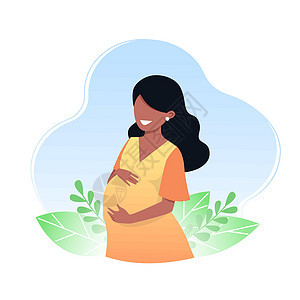有黑头发的怀孕的愉快的少妇 怀孕和孕产 护理 健康的概念图片